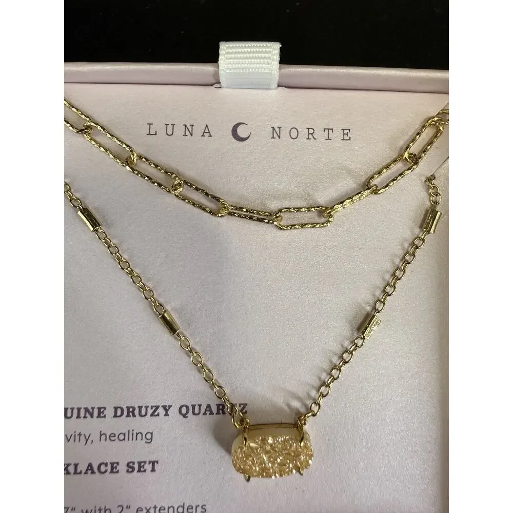 NIB Luna Norte Genuine Druzy Quartz Necklace Set Brass 16” 17” L + 2”